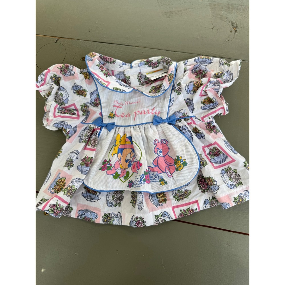 Vintage Disney Babies Minnie Mouse Tea Party Top Catton Brothers 0-6M White Pink